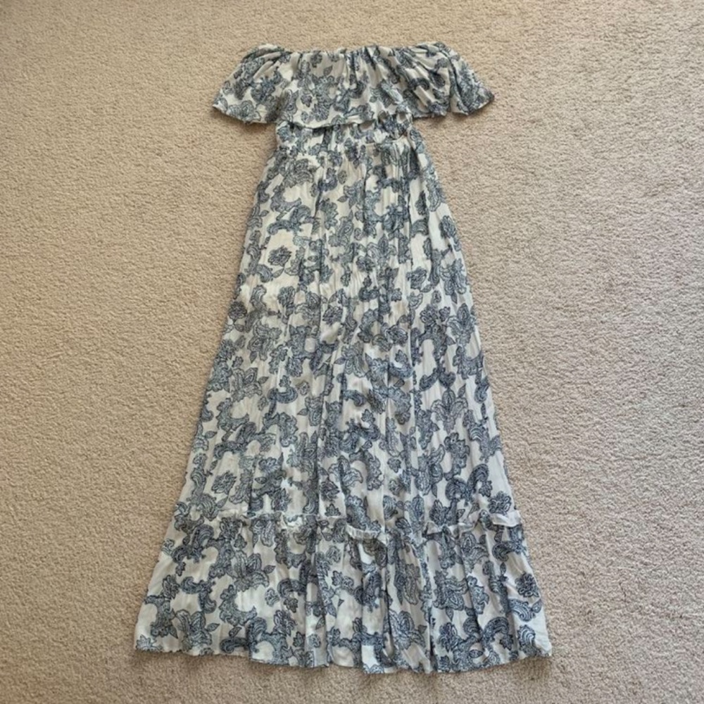 Off the shoulder blue paisley maxi dress